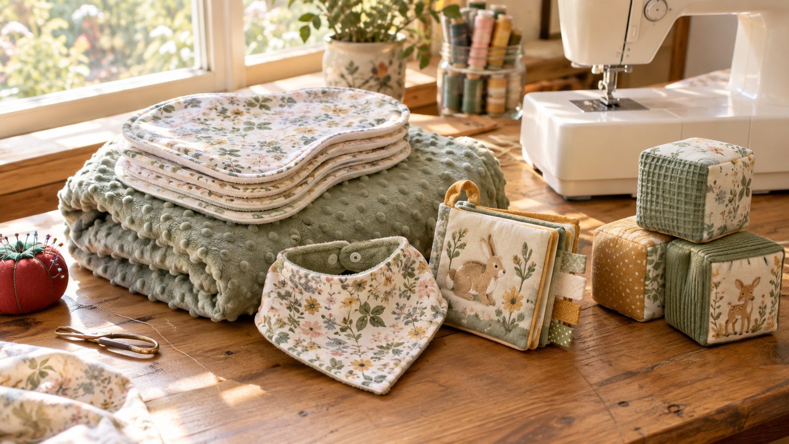 Handmade baby sewing projects including a minky blanket, burp cloths, bib, crinkle book and fabric blocks