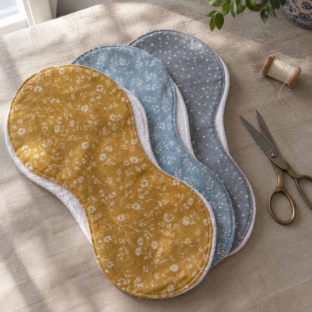 Three contoured burp cloths with cotton fronts and terry backs
