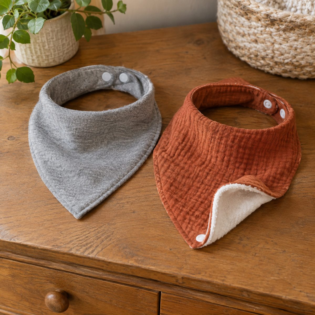 Two bandana drool bibs in gray and rust fabric