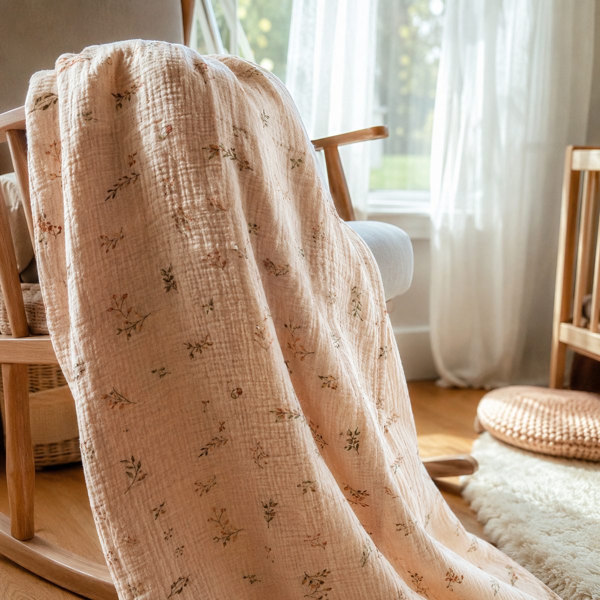 Double gauze swaddle blanket draped over a rocking chair