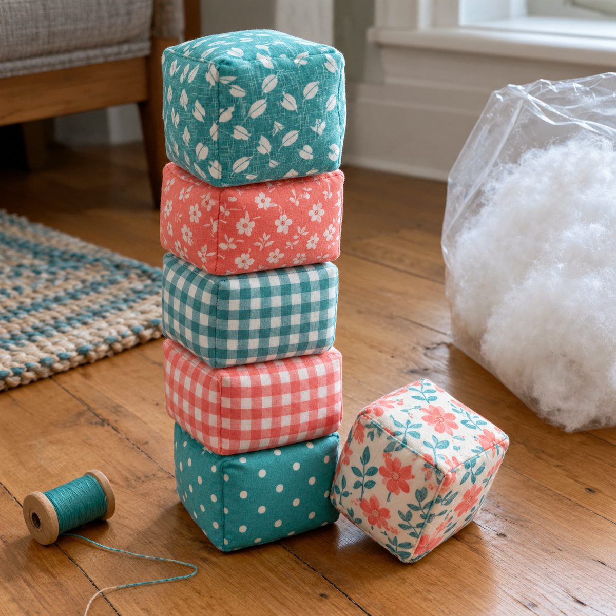 Stack of soft fabric blocks in coordinating prints