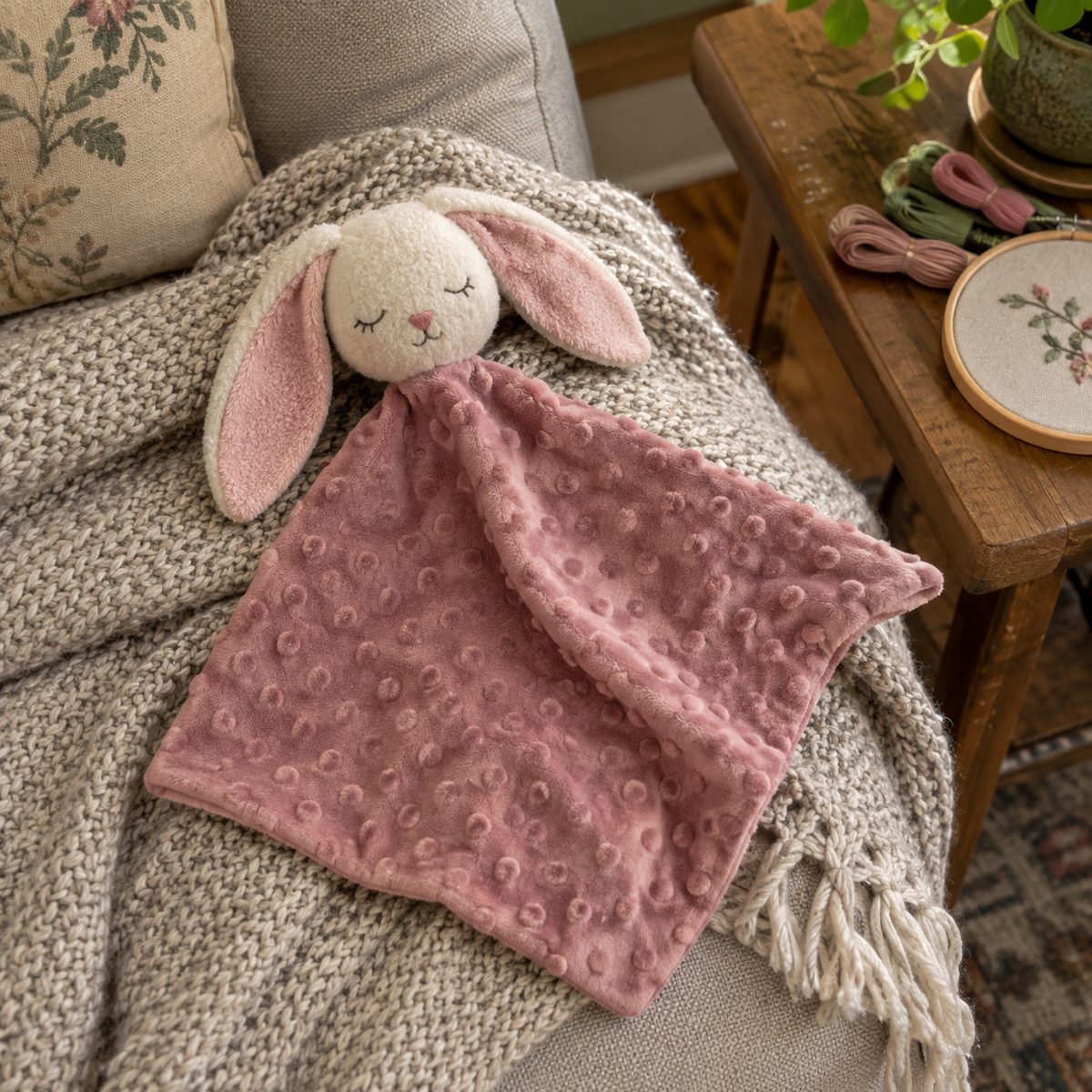 Bunny lovey with embroidered face on a pink minky blanket