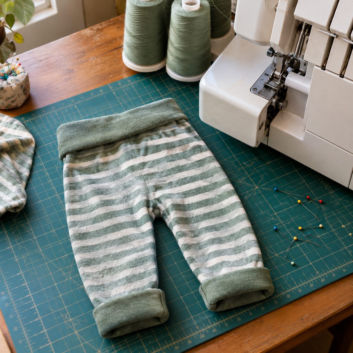 Cuffed knit baby pants next to a serger