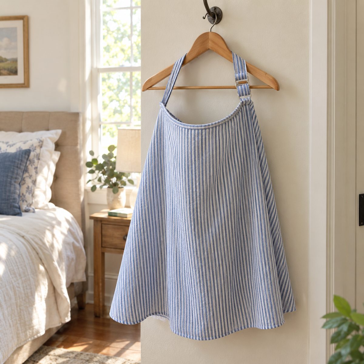 Nursing cover with curved boned neckline hanging on a wall hook
