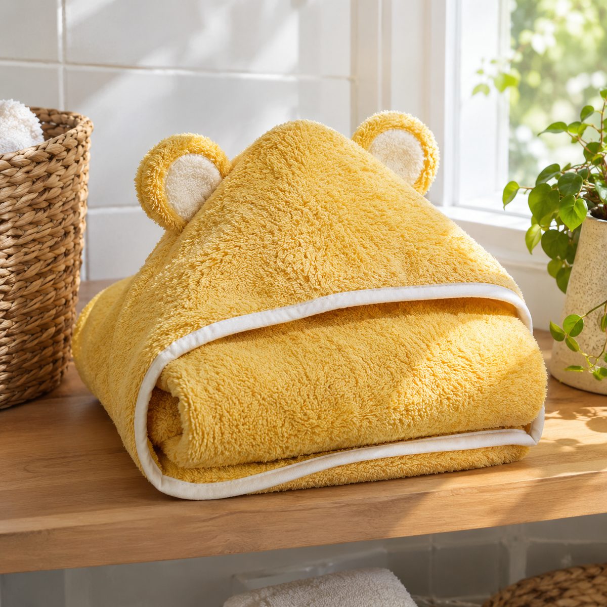 Yellow hooded baby towel with appliqué ears