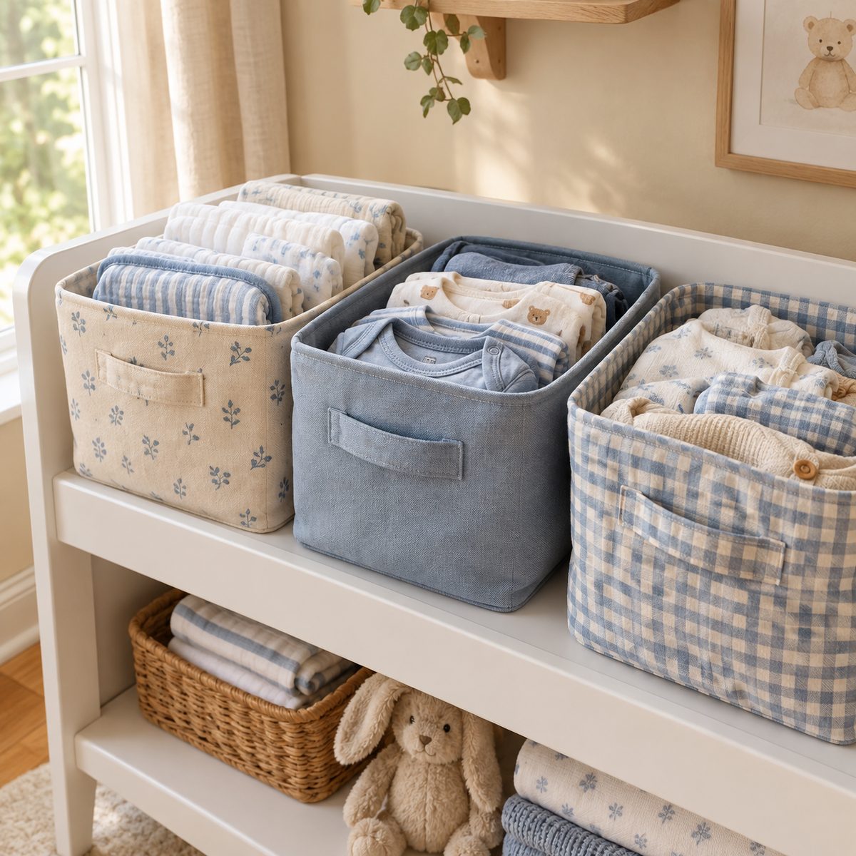 Fabric storage bins on a nursery shelf
