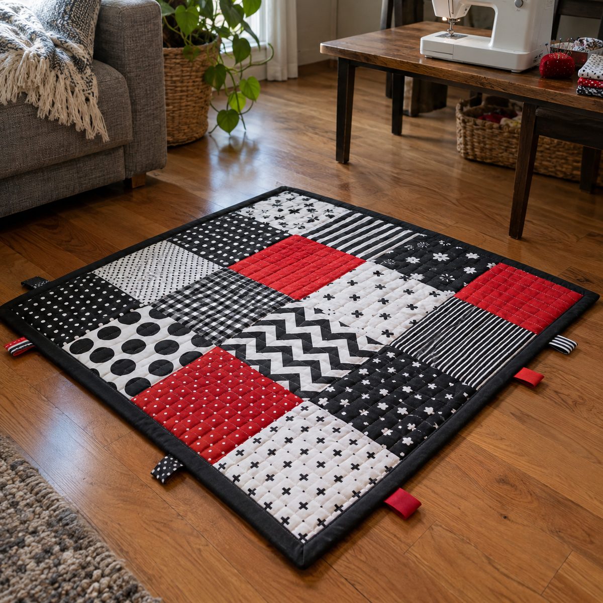 Quilted tummy time mat with black and white patchwork