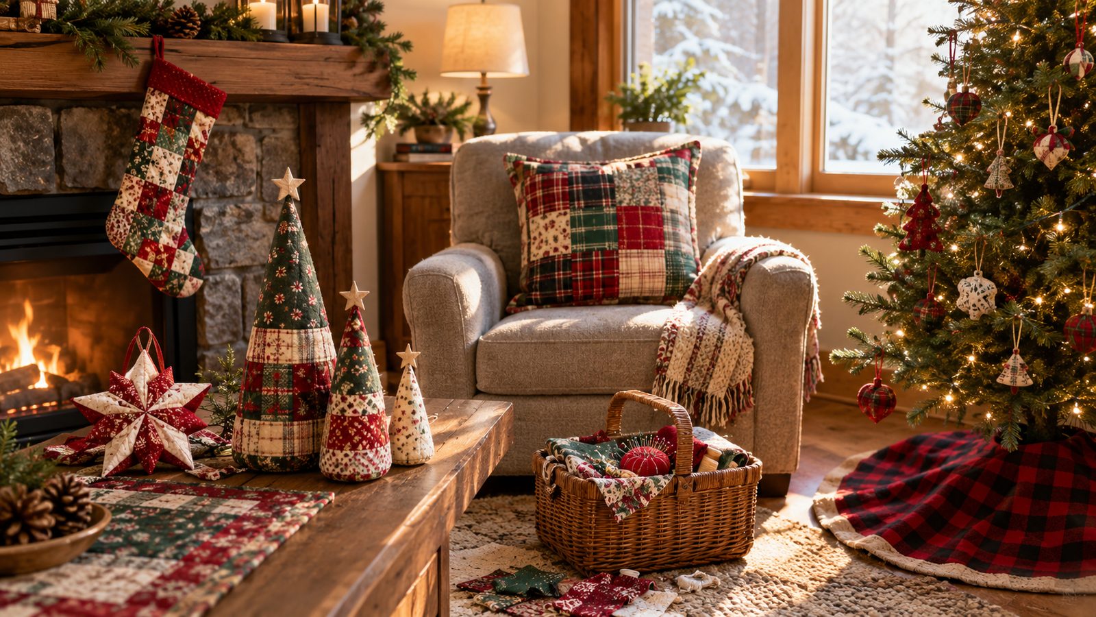 Handmade Christmas sewing projects displayed together in a cozy living room