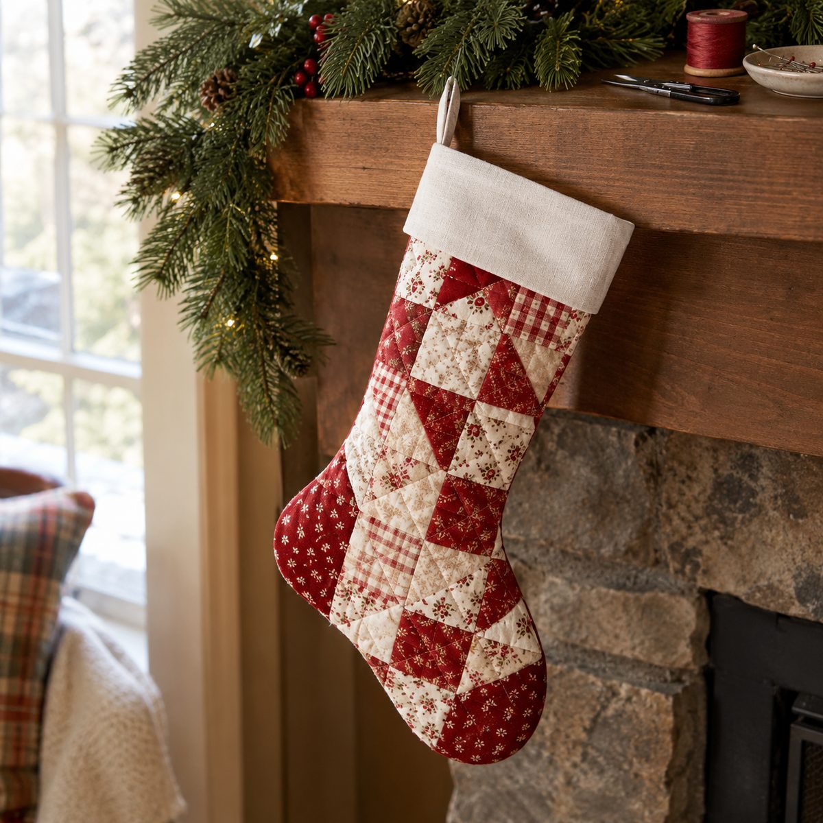 Red and cream patchwork quilted Christmas stocking hanging on a mantel