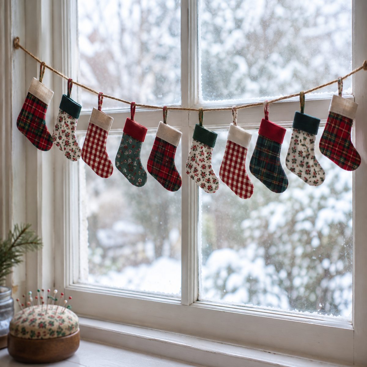 Mini fabric stocking garland strung across a window
