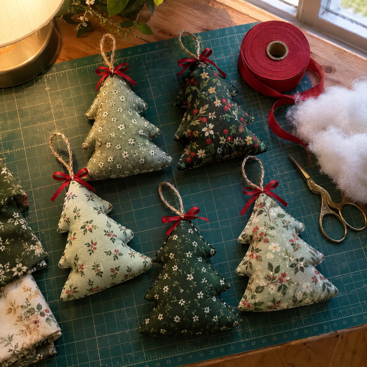 Stuffed fabric Christmas tree ornaments on a cutting mat
