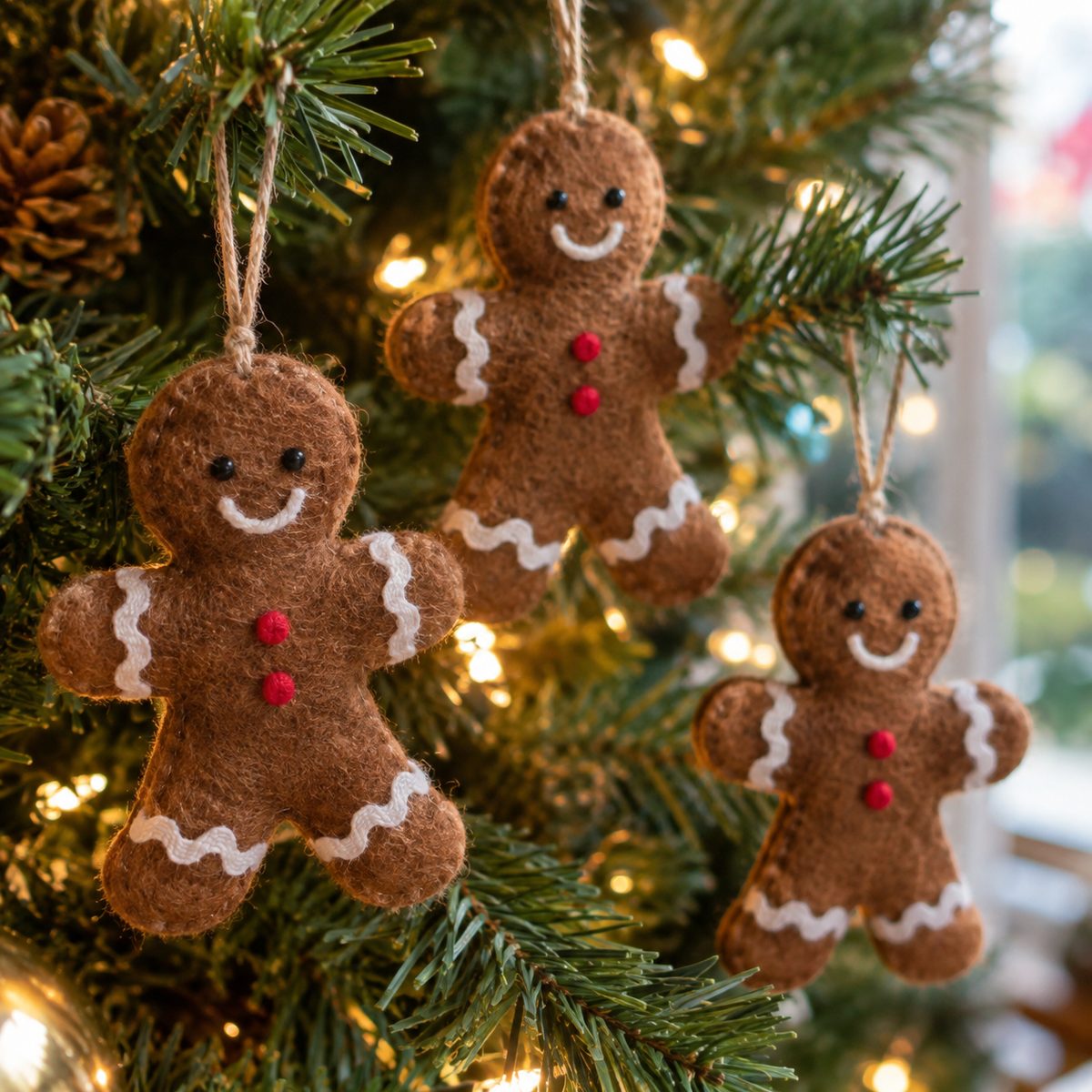 Felt gingerbread man ornaments with rickrack icing on a tree