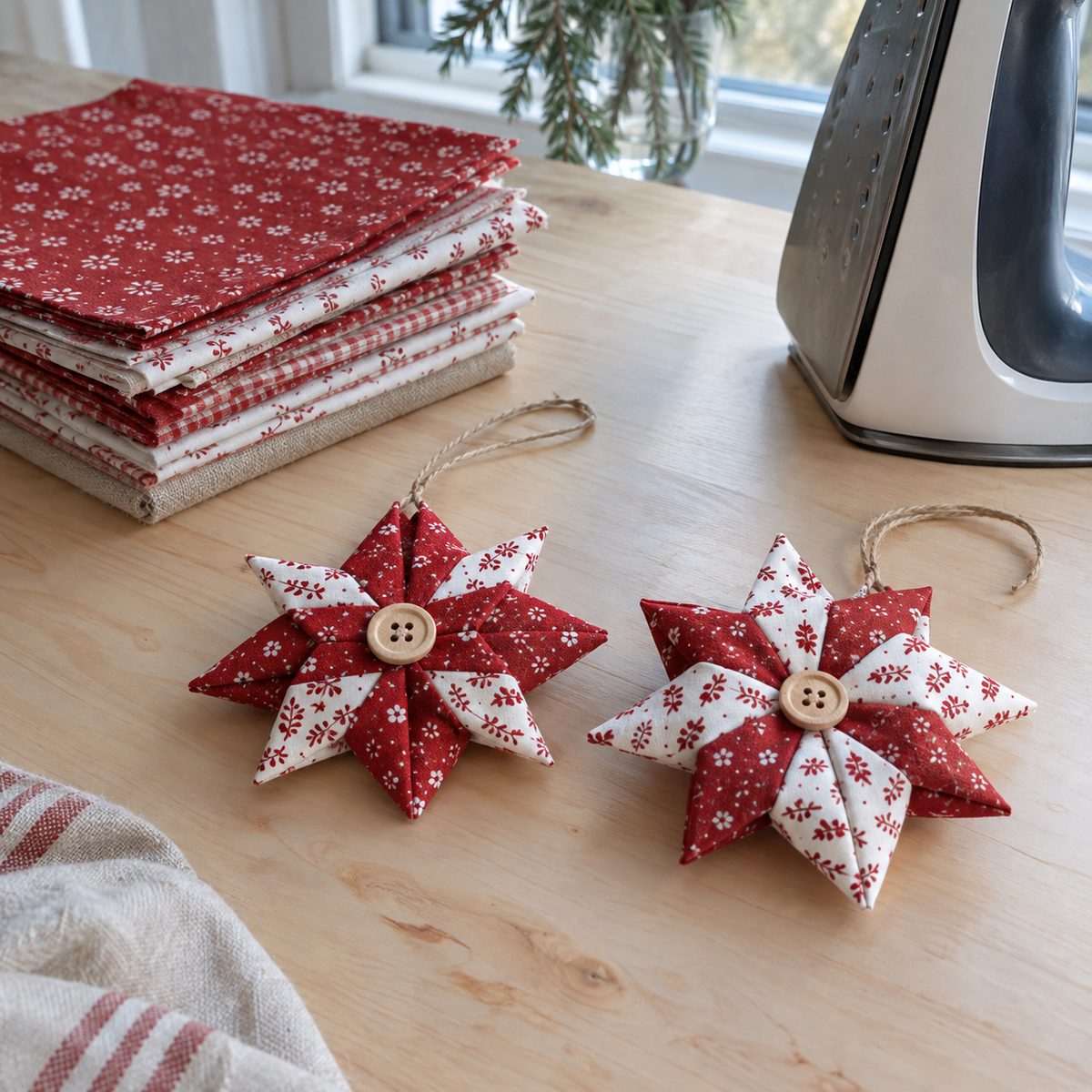 Red and white folded fabric star ornaments on a birch table