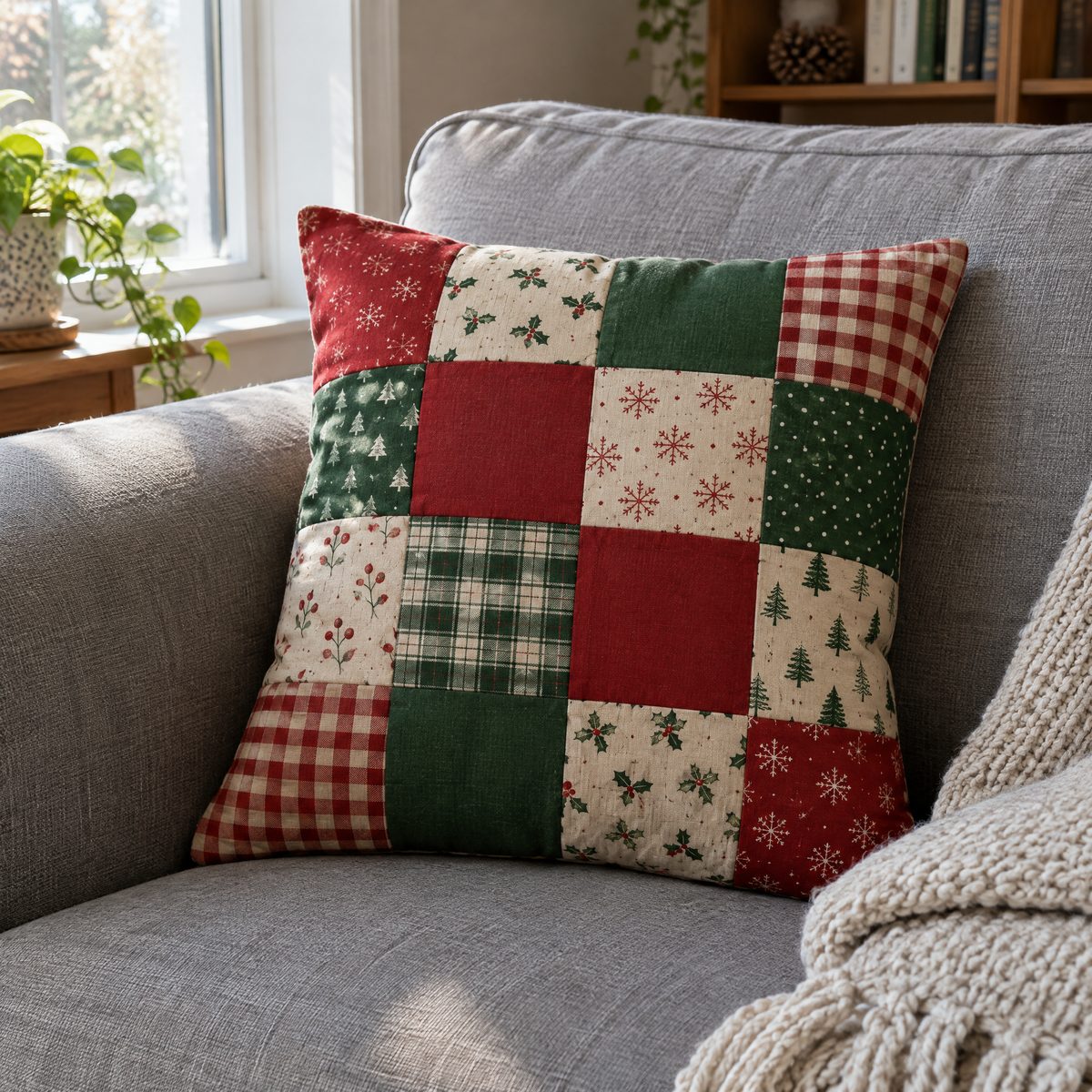 Red, green and cream patchwork Christmas pillow on a sofa