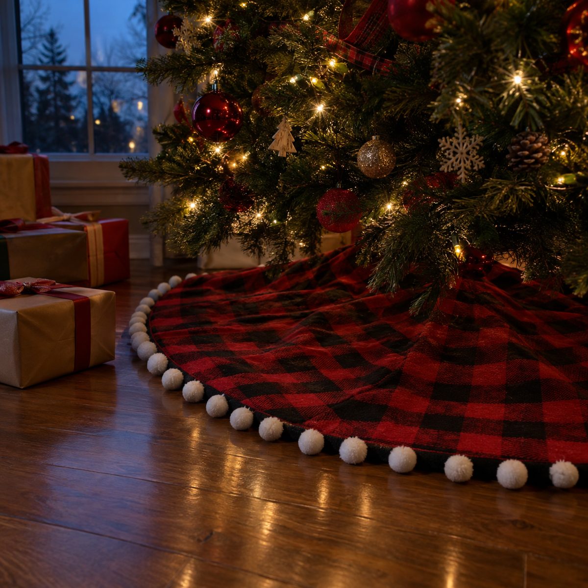 Buffalo check Christmas tree skirt with pom-pom trim