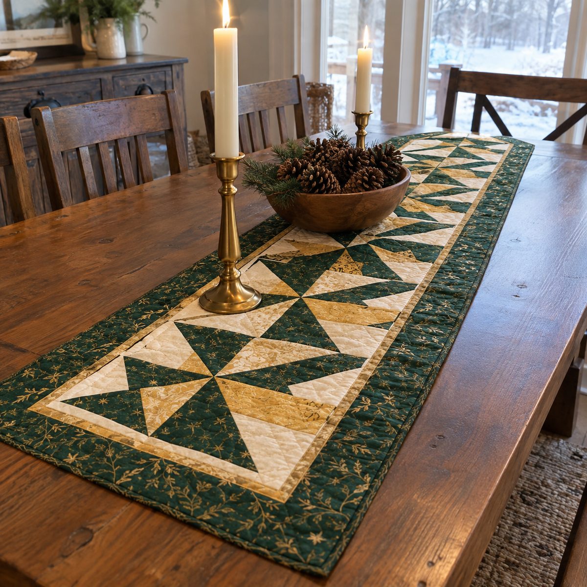 Green and gold quilted Christmas table runner on a dining table