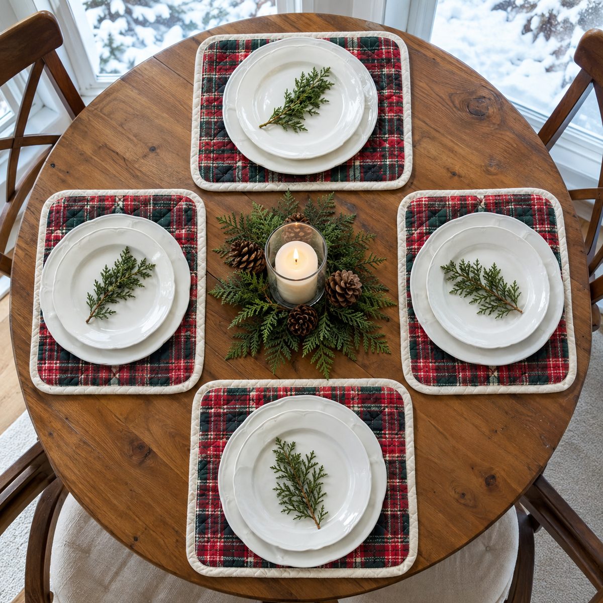 Plaid and linen holiday placemats on a round table