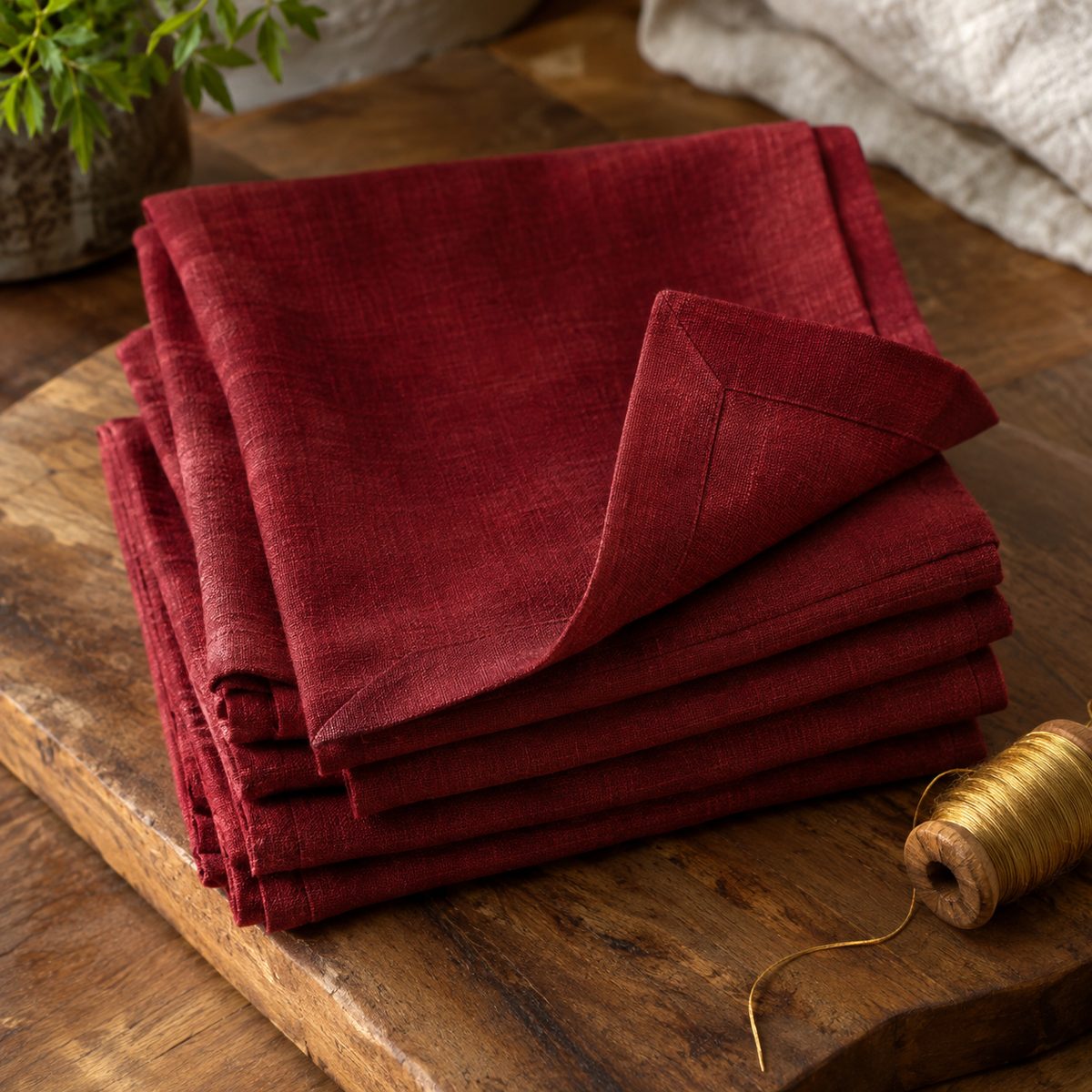 Red linen napkins with mitered corners stacked on a board