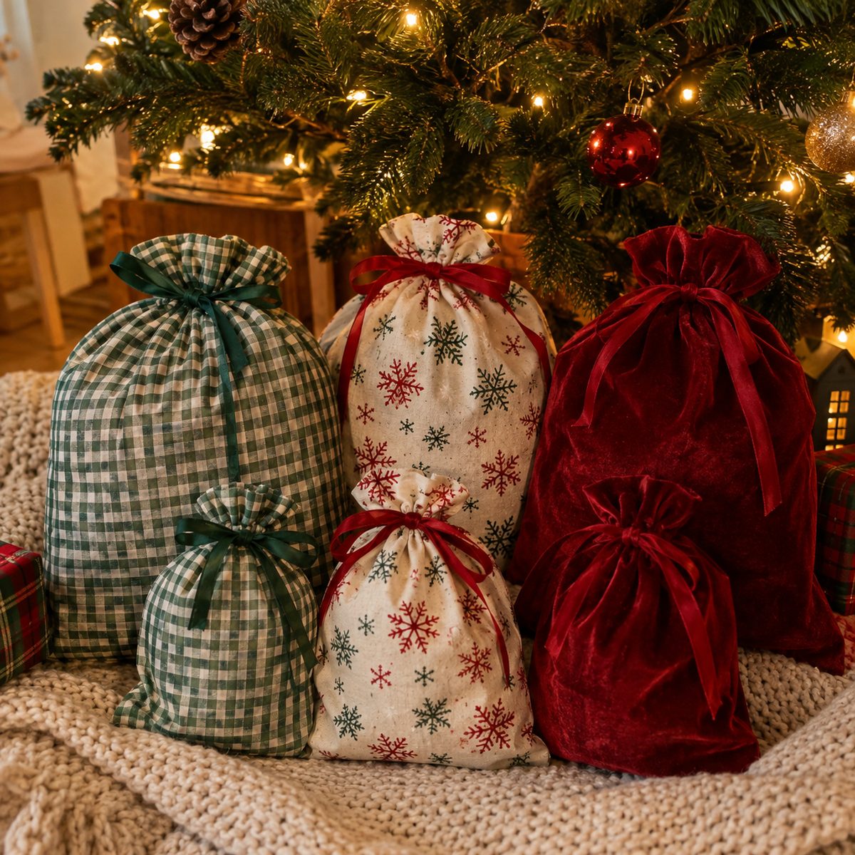 Reusable drawstring fabric gift bags under a Christmas tree