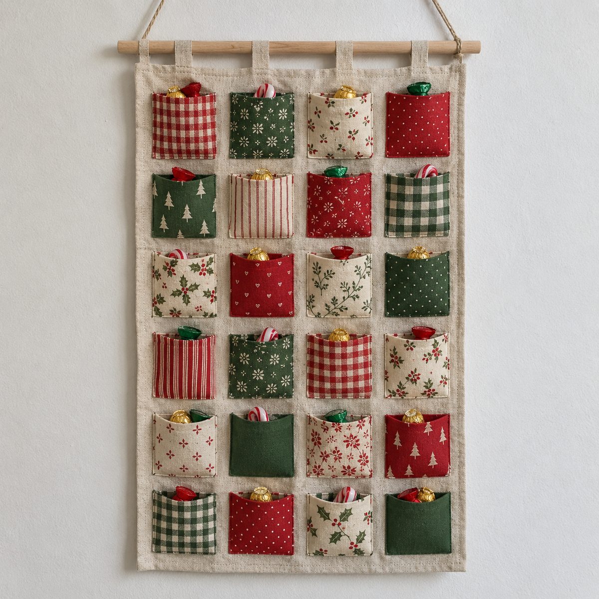 Fabric advent calendar with patchwork pockets on a canvas panel