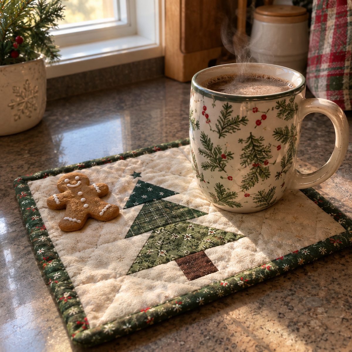 Quilted Christmas mug rug with a mug and cookie