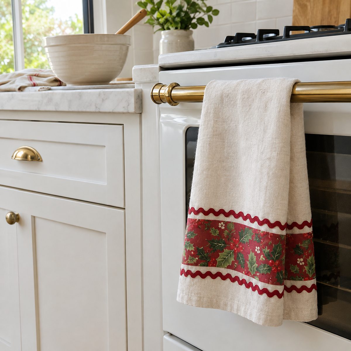Linen tea towel with a holly-print band hanging in a kitchen