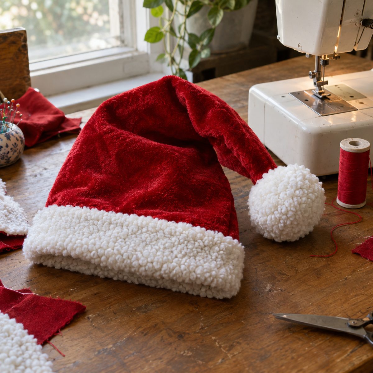 Red velvet handmade Santa hat on a sewing table