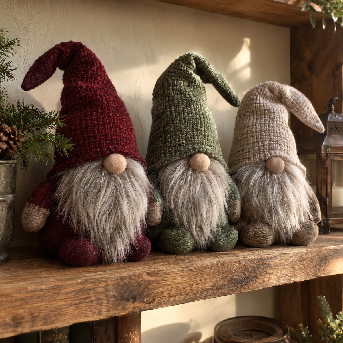 Three fabric Christmas gnomes with faux-fur beards on a shelf