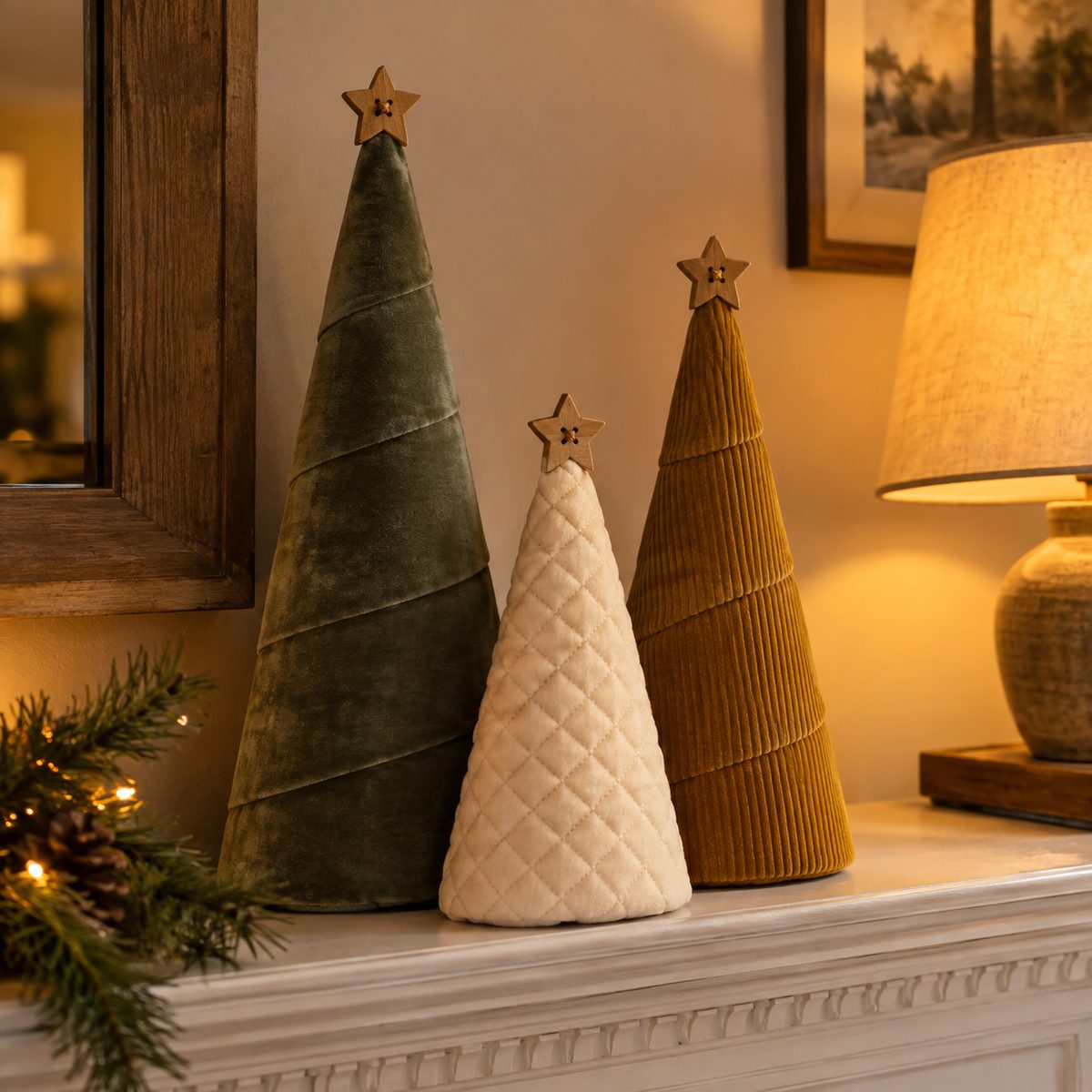 Group of standing fabric cone Christmas trees on a mantel