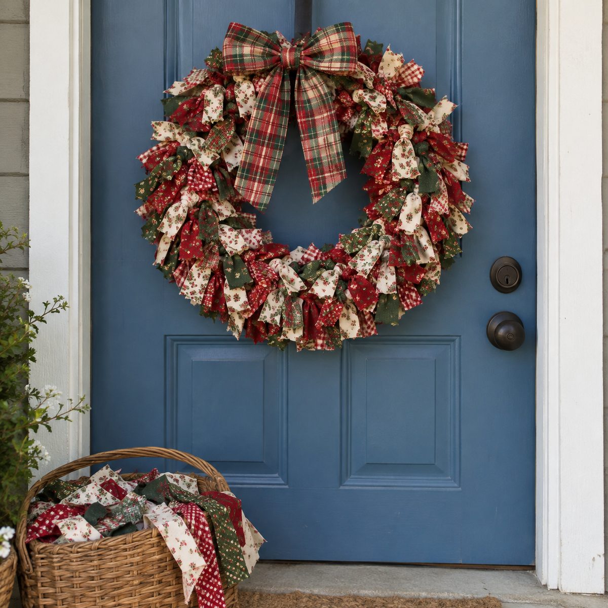 Fabric rag wreath with a plaid bow on a blue door