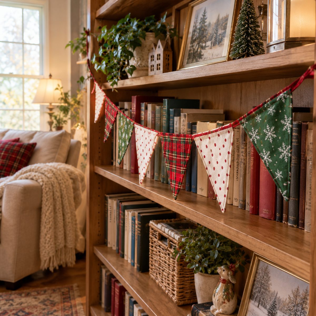 Christmas fabric triangle bunting draped across a bookshelf