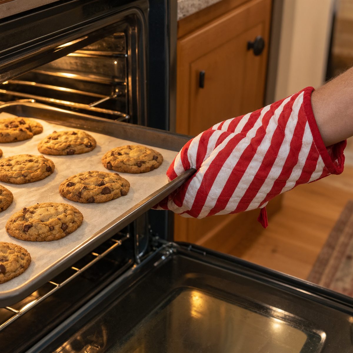 Quilted candy-cane stripe Christmas oven mitt holding a cookie tray