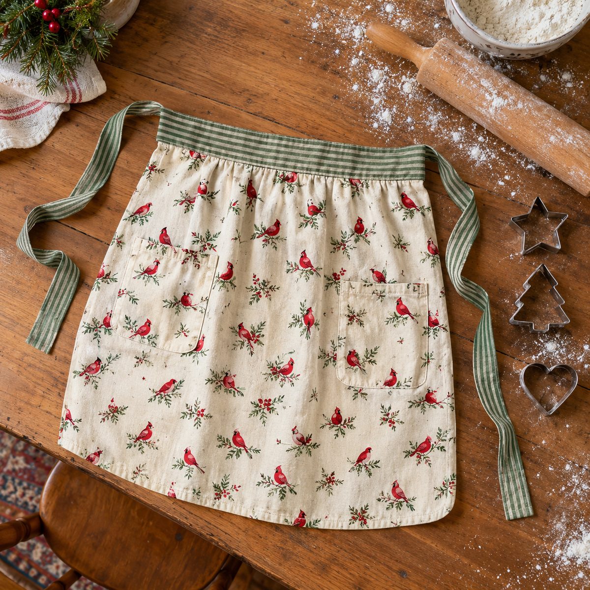 Christmas half apron with a cardinal print on a kitchen table