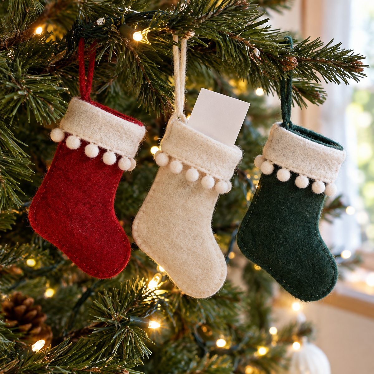 Small felt stocking gift card holders on a tree branch