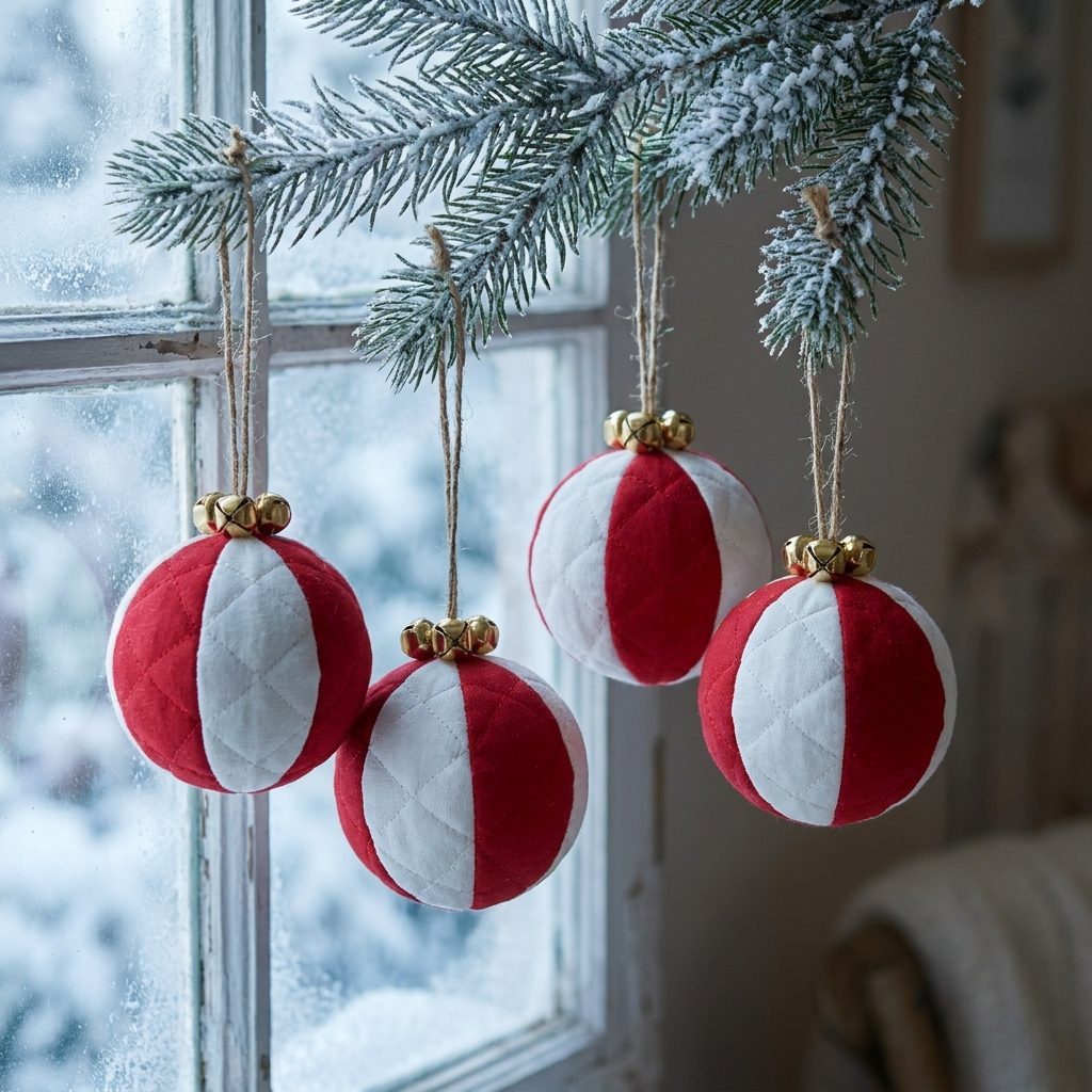 Round fabric ball ornaments with jingle bells on an evergreen branch