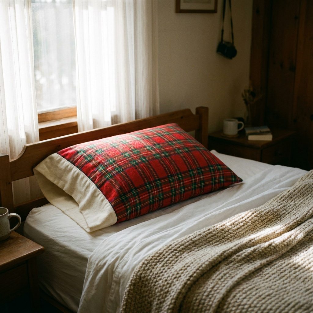 Plaid flannel Christmas pillowcase on a bed