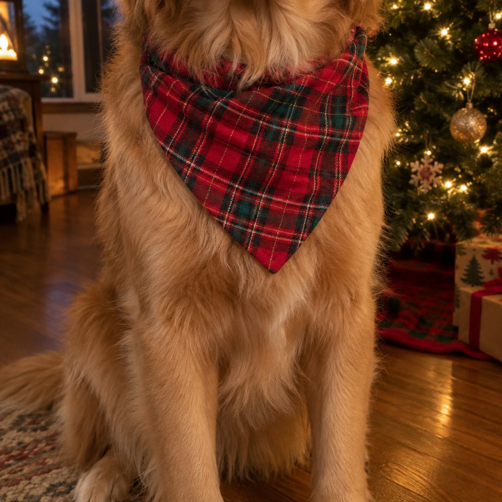 Dog wearing a red plaid Christmas bandana by a tree