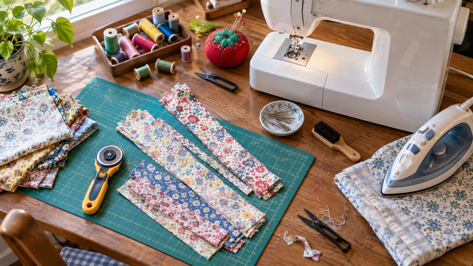 Sewing table with machine, cutting mat, iron, pins, and thread