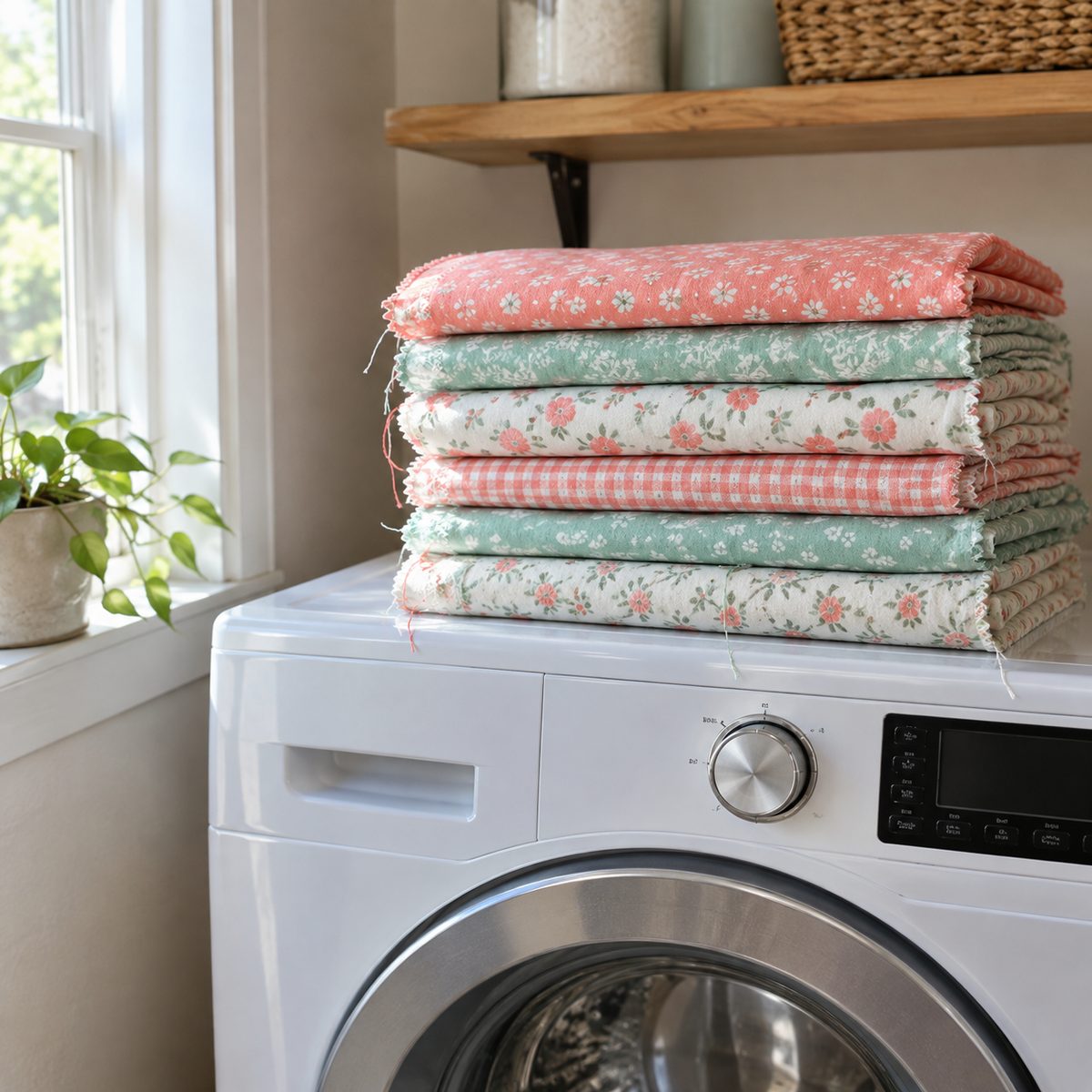 Stack of pre-washed cotton fabrics folded on a washing machine