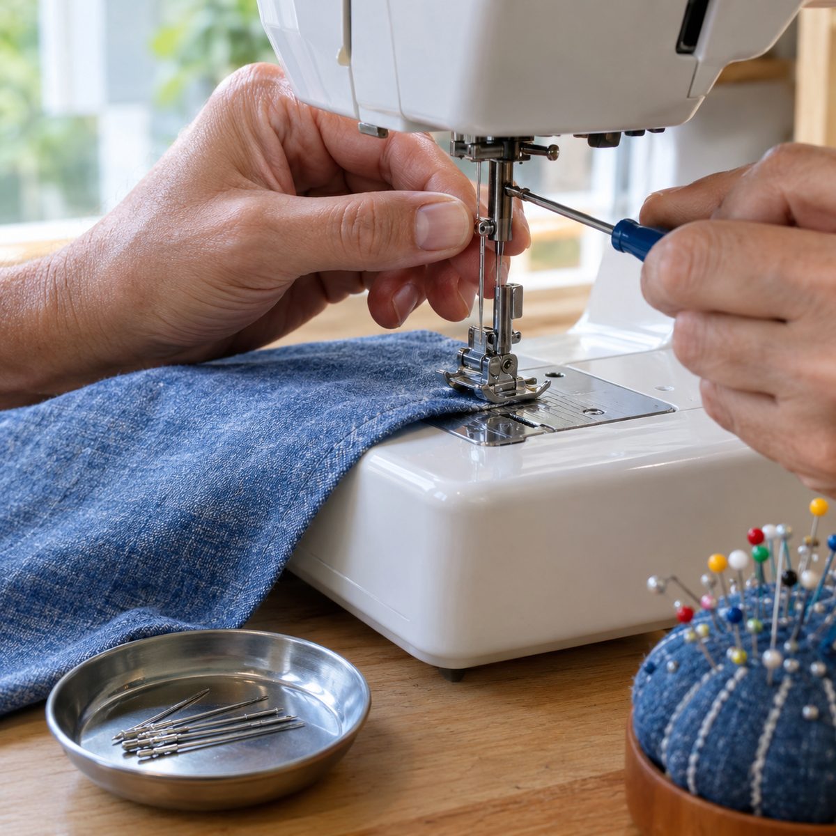 Hands changing a sewing machine needle to match the fabric