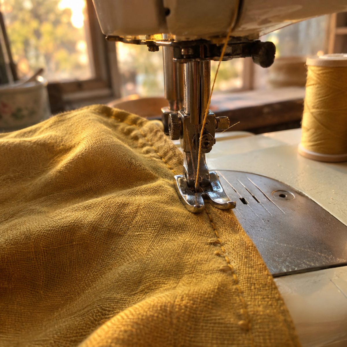 Skipped stitches on yellow linen caused by a dull needle