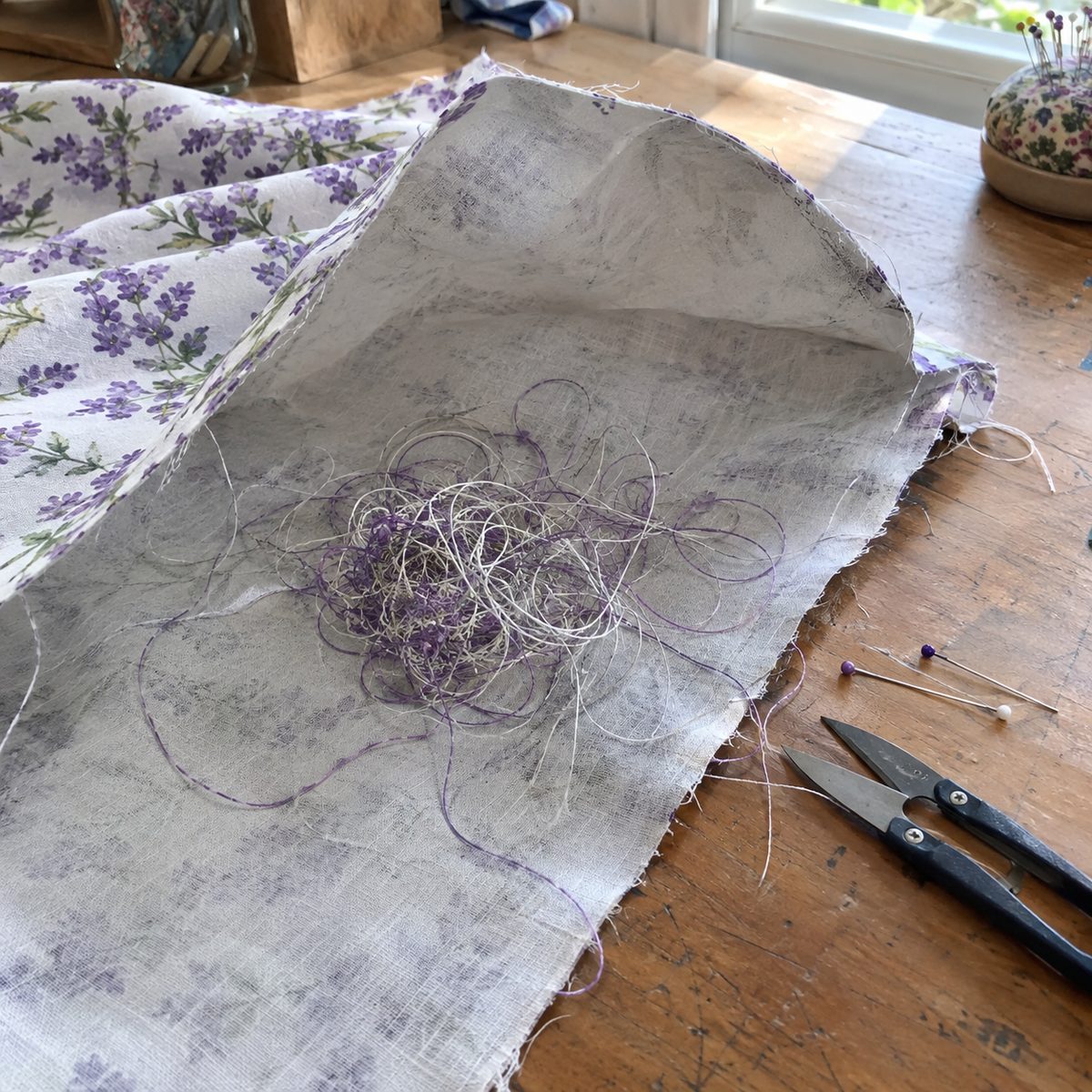 Tangled bird's nest of thread on the back of floral fabric