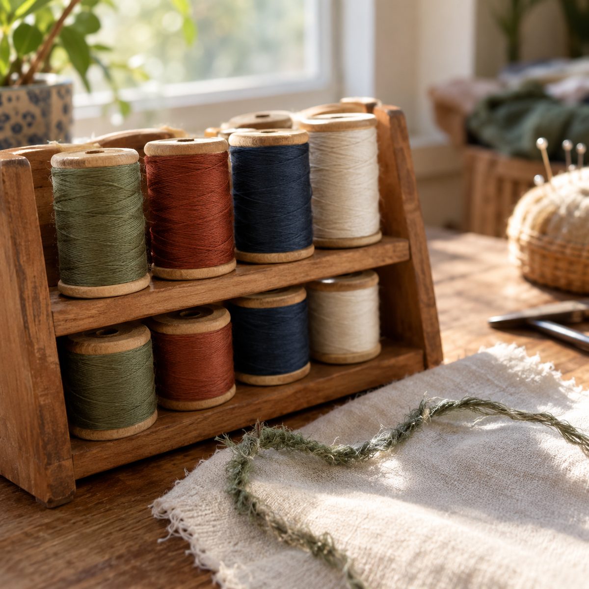 Spools of quality thread next to a frayed strand of cheap thread