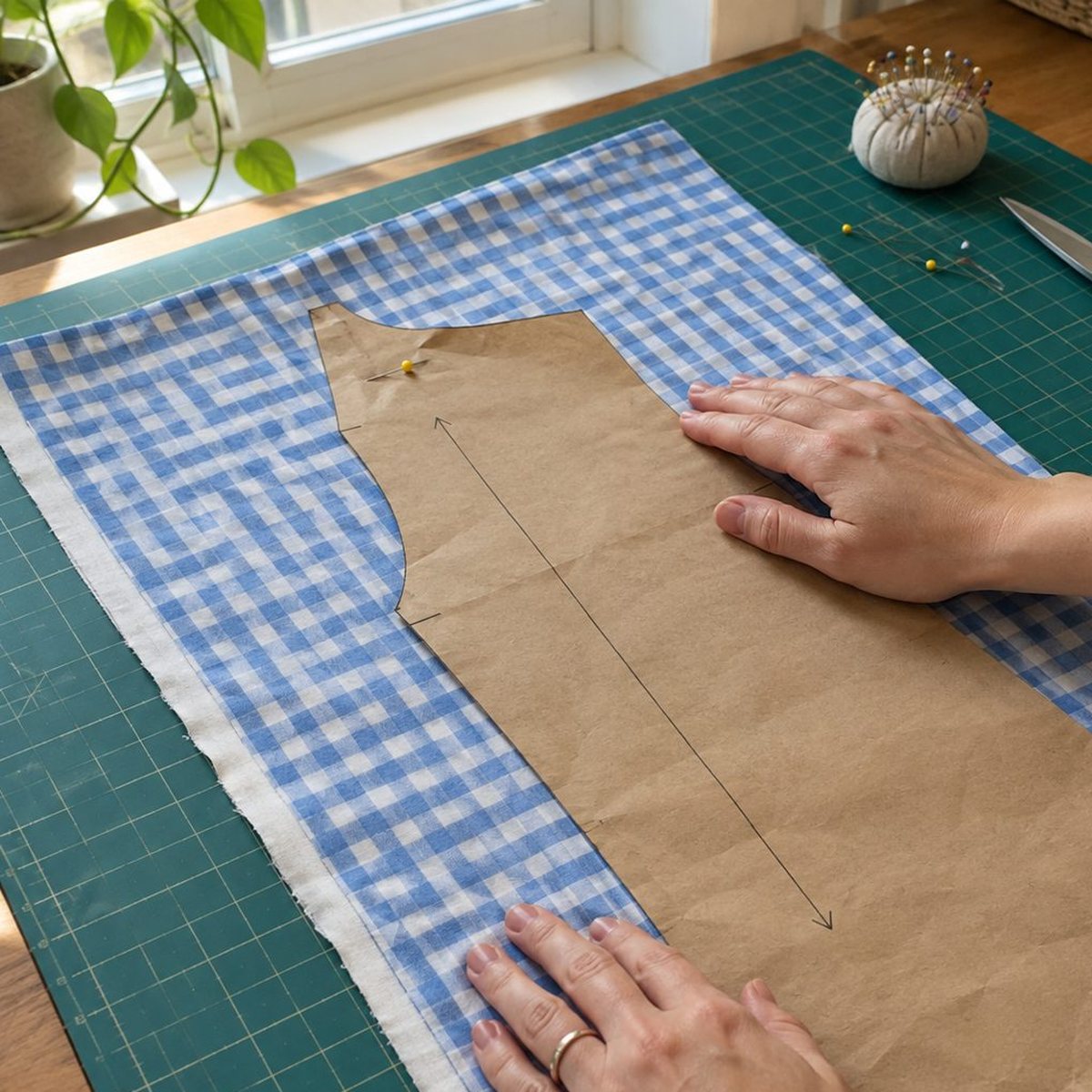Aligning a pattern piece with the fabric grain on a cutting mat
