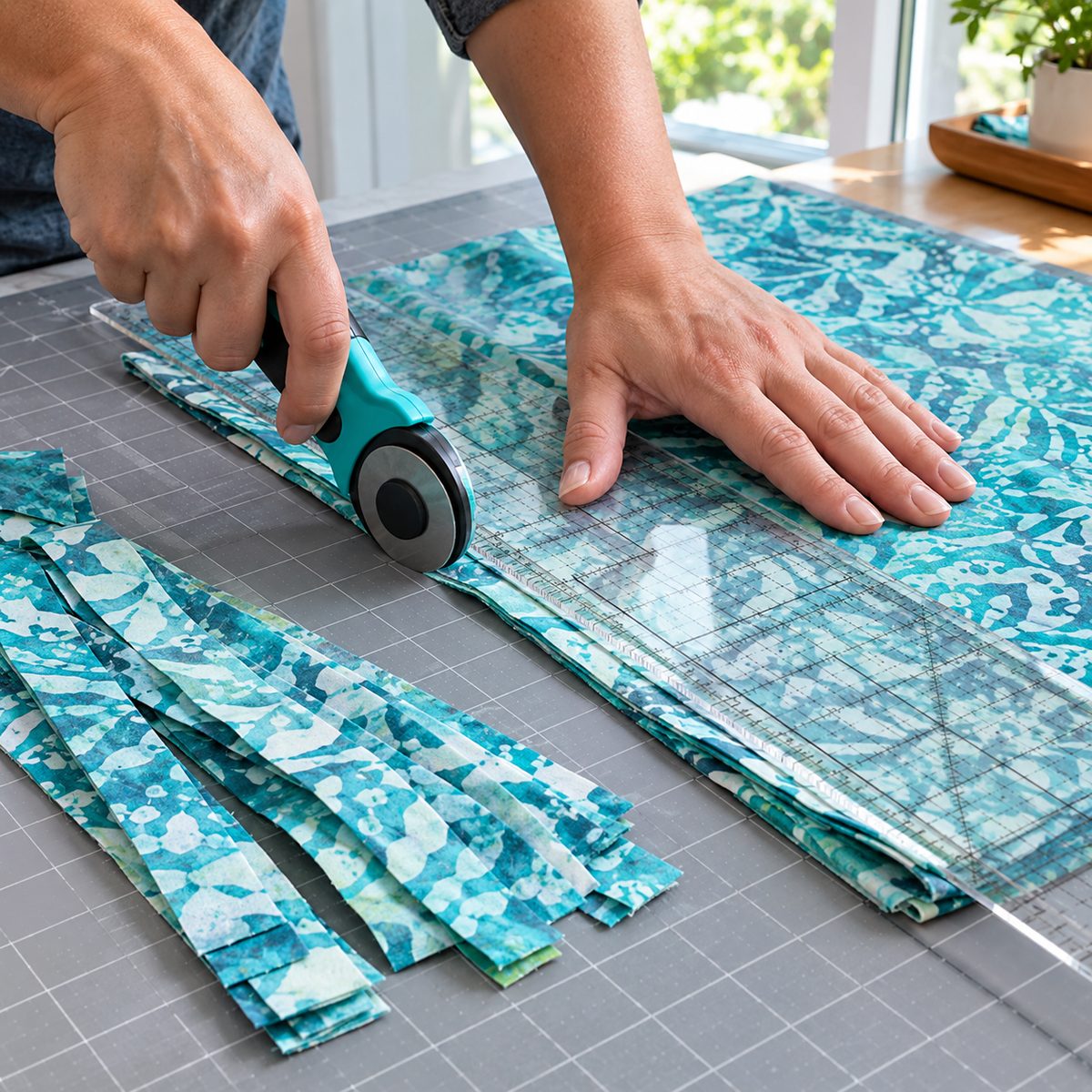 Rotary cutter slicing layered batik fabric along a ruler