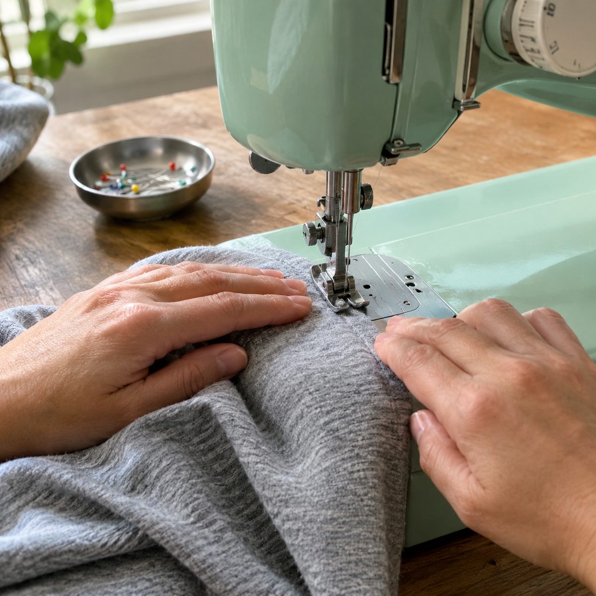 Hands lightly guiding knit fabric through a sewing machine