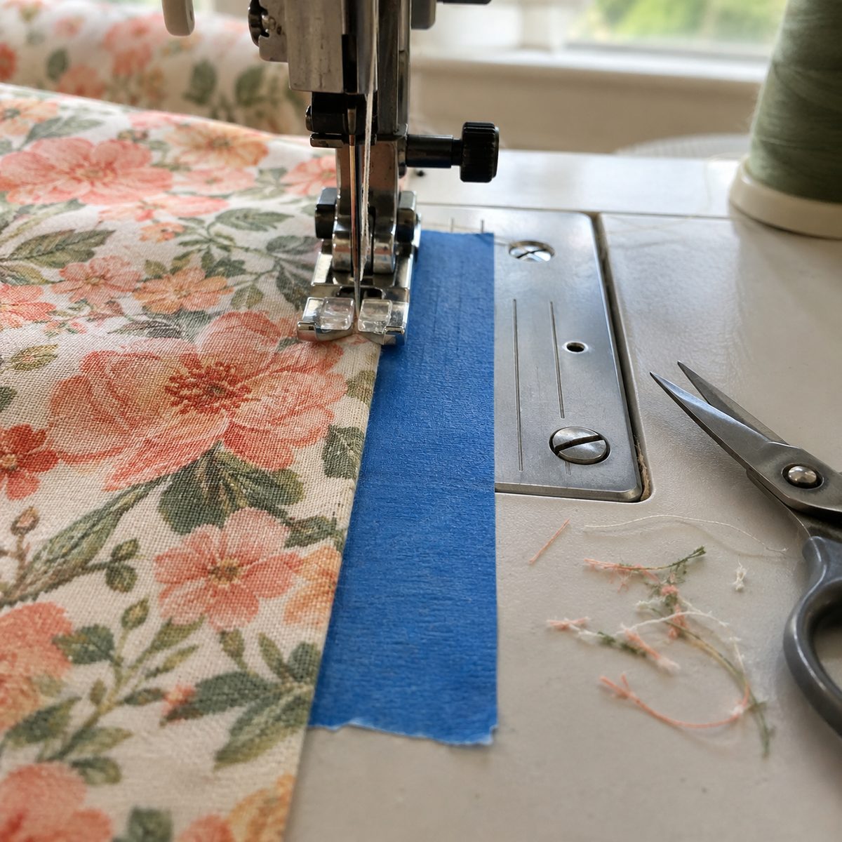 Painter's tape seam guide on a sewing machine bed