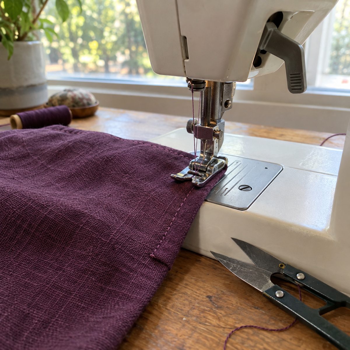 Neat short backstitch at the end of a seam on plum linen