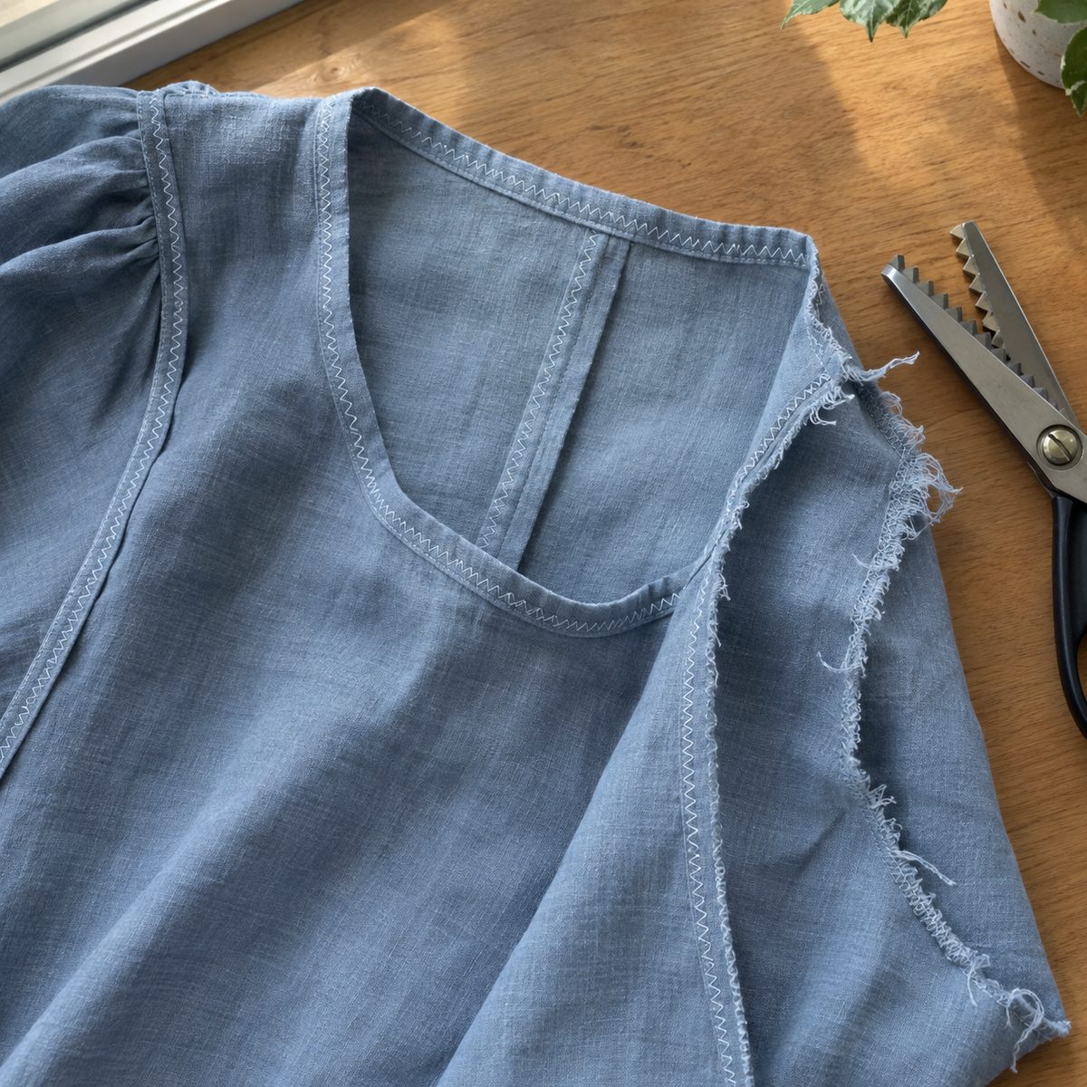 Zigzag-finished seam allowances beside a frayed raw edge on linen