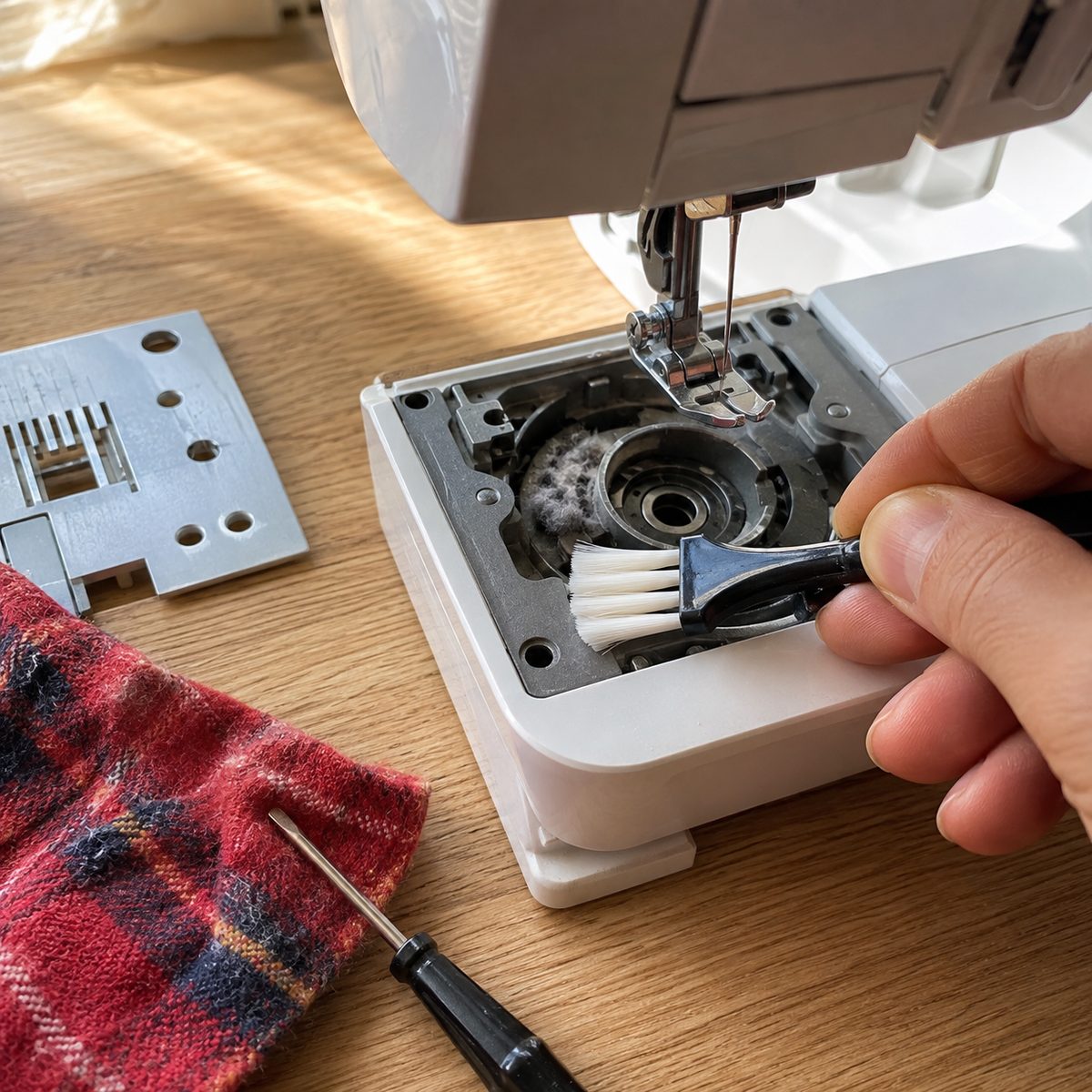 Brushing lint out of the bobbin area of a sewing machine